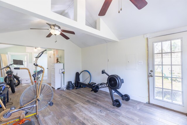 151 Stimpson Ln, West Cape May, NJ 08204 - exercise area featuring ceiling fan, lofted ceiling, wood finished floors, baseboards, and electric panel