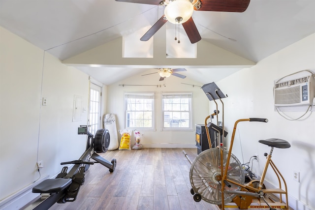 151 Stimpson Ln, West Cape May, NJ 08204 - workout area featuring a wall mounted air conditioner, a ceiling fan, wood finished floors, vaulted ceiling, and electric panel