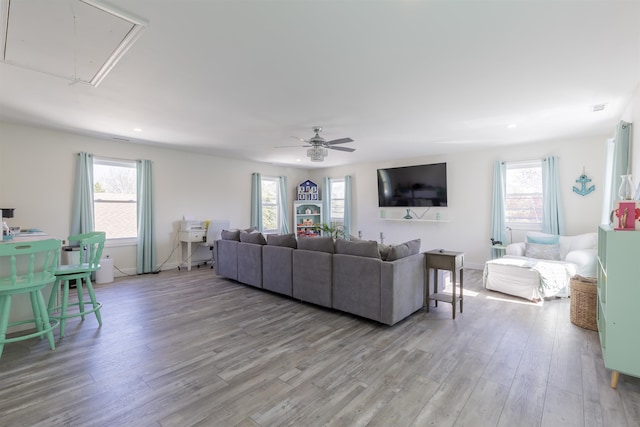 151 Stimpson Ln, West Cape May, NJ 08204 - living room featuring attic access, light wood finished floors, a ceiling fan, and recessed lighting