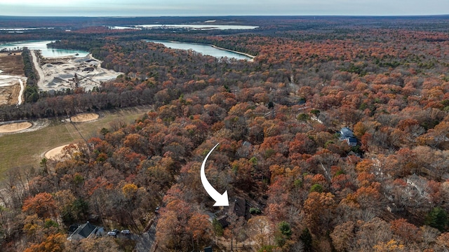 bird's eye view featuring a water view and a wooded view