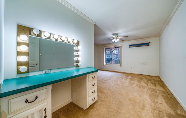 bathroom featuring ceiling fan, ornamental molding, baseboards, and vanity