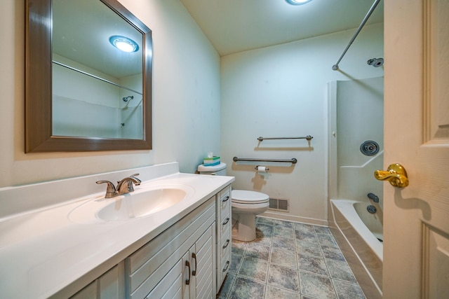 bathroom featuring baseboards, visible vents, toilet, tub / shower combination, and vanity