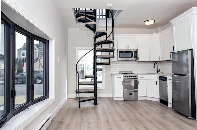 kitchen with light wood finished floors, white cabinetry, stainless steel appliances, and backsplash