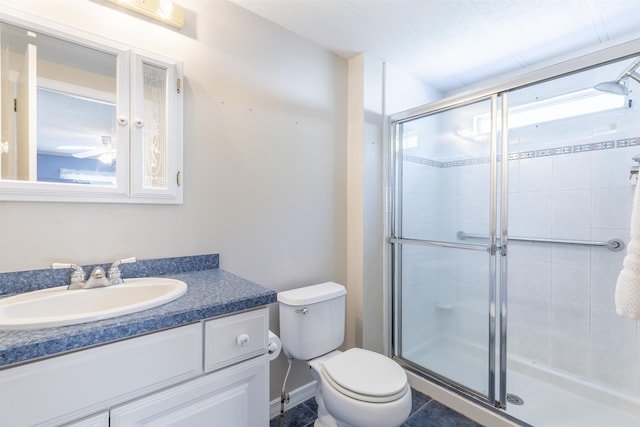 bathroom with vanity, tile patterned floors, a shower stall, and toilet