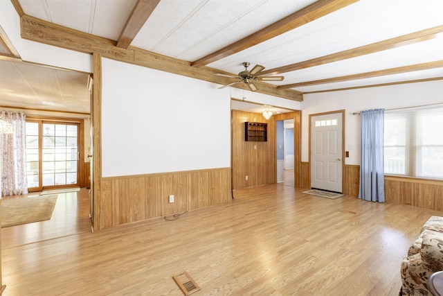 unfurnished living room with wainscoting, wood finished floors, beamed ceiling, wooden walls, and a ceiling fan