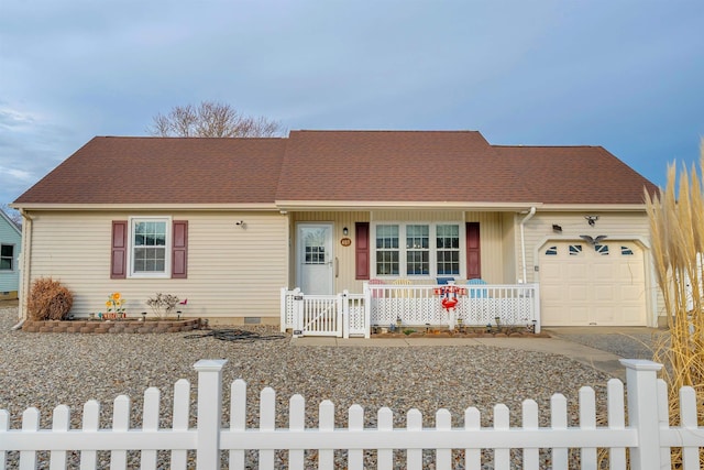 ranch-style home with a porch, crawl space, a fenced front yard, and a garage