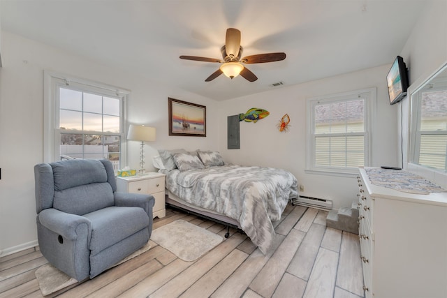 bedroom featuring a baseboard heating unit, a ceiling fan, visible vents, electric panel, and light wood finished floors