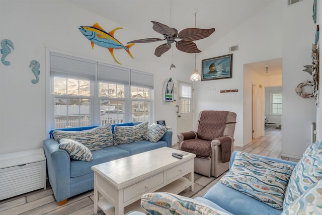 living area featuring high vaulted ceiling, light wood-style flooring, visible vents, and a ceiling fan