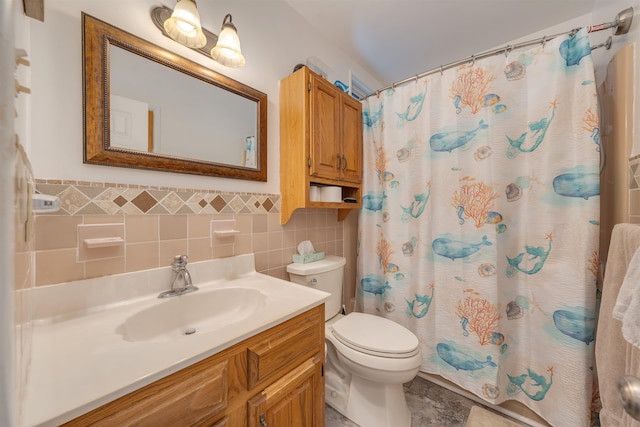 bathroom with toilet, a shower with curtain, tile walls, and vanity