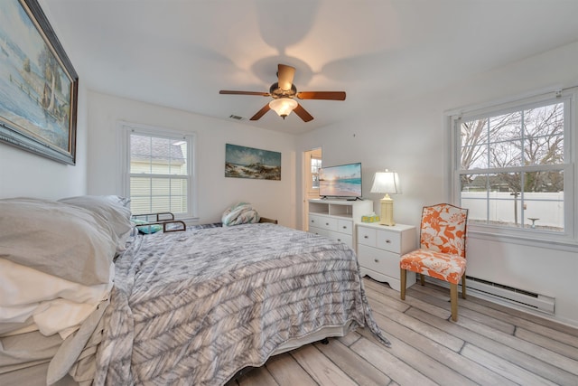 bedroom featuring ceiling fan, light wood-style flooring, baseboard heating, and visible vents