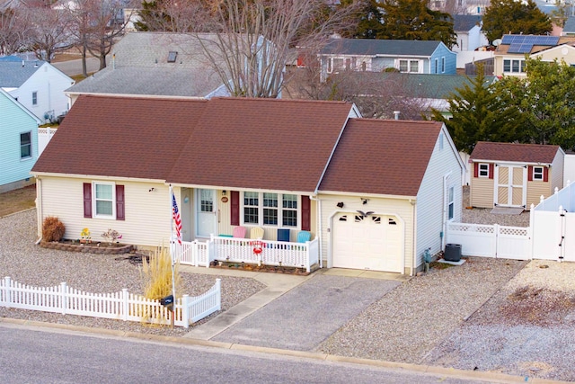 view of front facade with a porch, a fenced front yard, an attached garage, driveway, and a gate