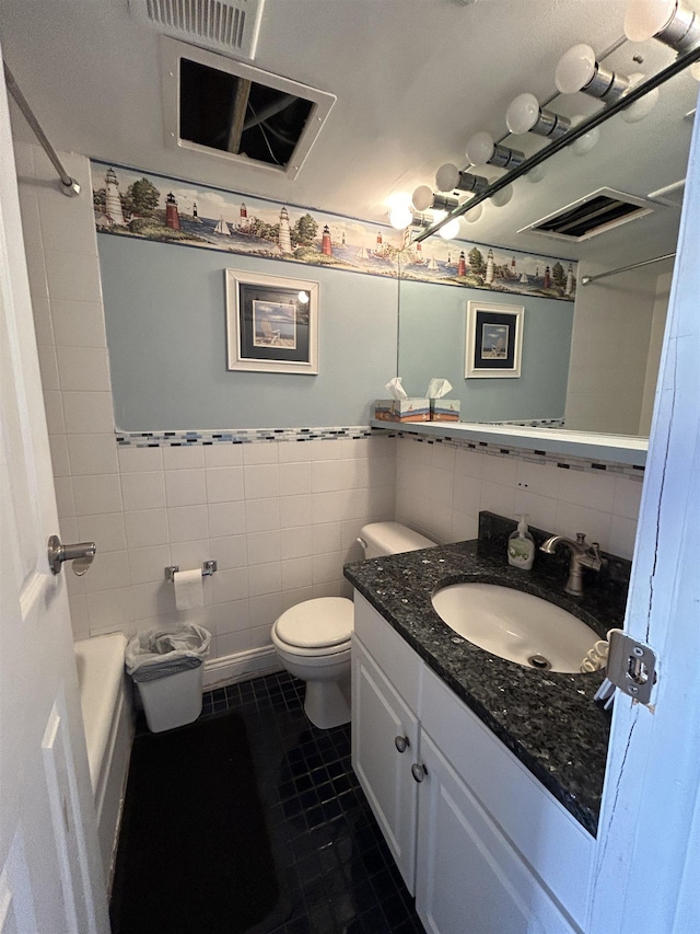 full bathroom with toilet, visible vents, tile walls, and tile patterned floors