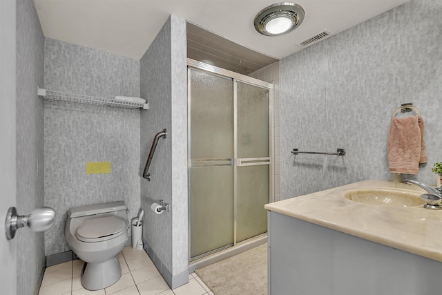 bathroom featuring tile patterned floors, visible vents, toilet, a stall shower, and wallpapered walls