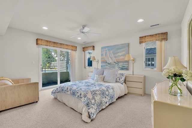 bedroom featuring visible vents, a ceiling fan, access to outside, recessed lighting, and carpet