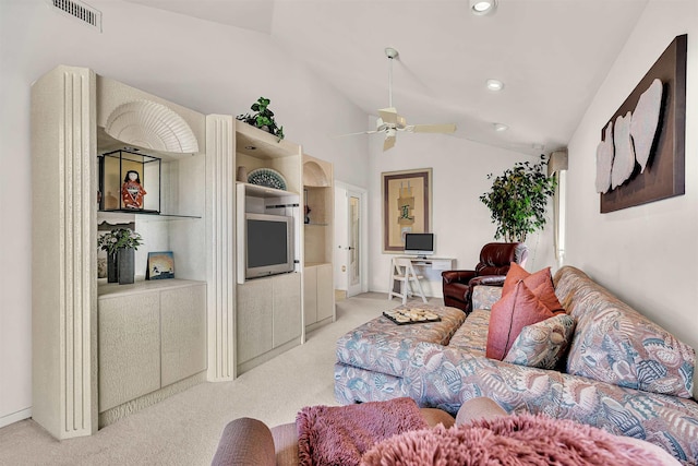 living area featuring visible vents, ceiling fan, light colored carpet, vaulted ceiling, and recessed lighting