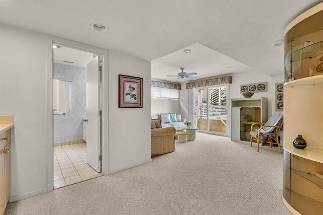 sitting room with carpet flooring, recessed lighting, and ceiling fan