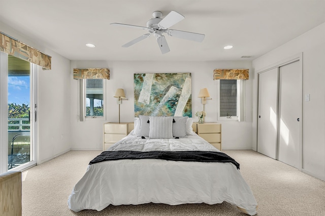 bedroom featuring access to exterior, recessed lighting, light colored carpet, and ceiling fan