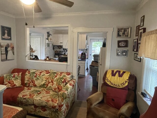 living room featuring ceiling fan and crown molding