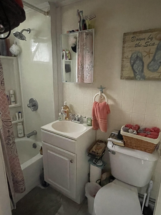 full bathroom with vanity, toilet, tile walls, and shower / tub combo with curtain