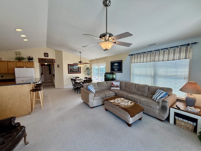 407 W Andrews Ave Unit 200, Wildwood, NJ 08260 - living room featuring a ceiling fan, vaulted ceiling, light carpet, and baseboards