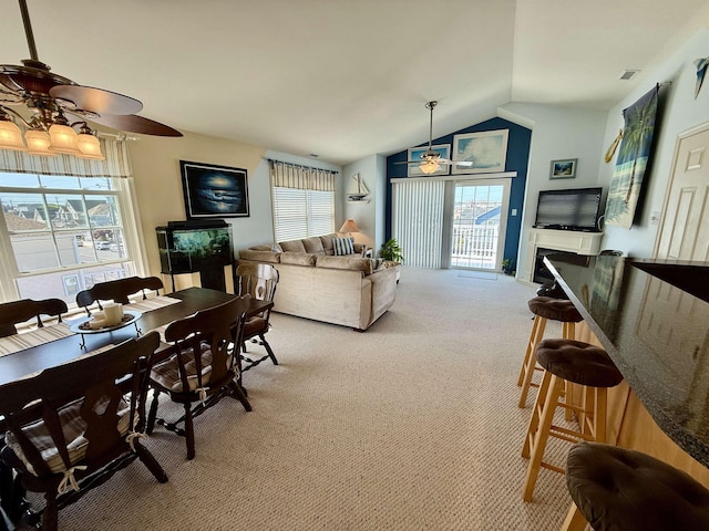 407 W Andrews Ave Unit 200, Wildwood, NJ 08260 - dining area featuring light colored carpet, a ceiling fan, healthy amount of natural light, and lofted ceiling