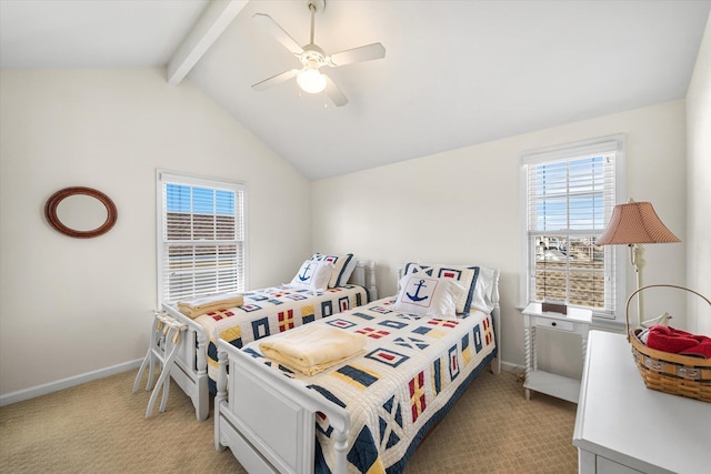 bedroom featuring light carpet, lofted ceiling with beams, a ceiling fan, and baseboards