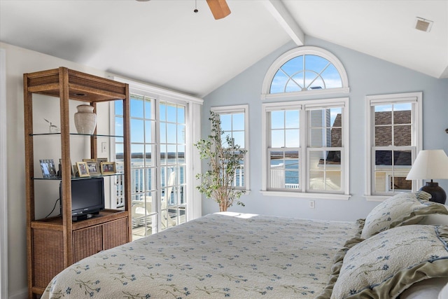 bedroom with lofted ceiling with beams, access to exterior, visible vents, and a ceiling fan