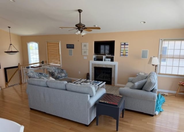 367 21st St, Avalon, NJ 08202 - living area with light wood finished floors, ceiling fan, a tile fireplace, baseboards, and recessed lighting