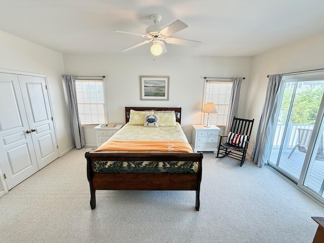 367 21st St, Avalon, NJ 08202 - bedroom featuring access to exterior, light carpet, and a ceiling fan