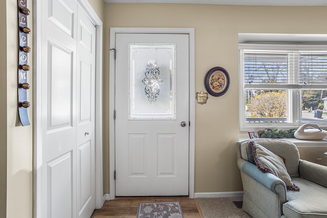 entrance foyer with baseboards and wood finished floors