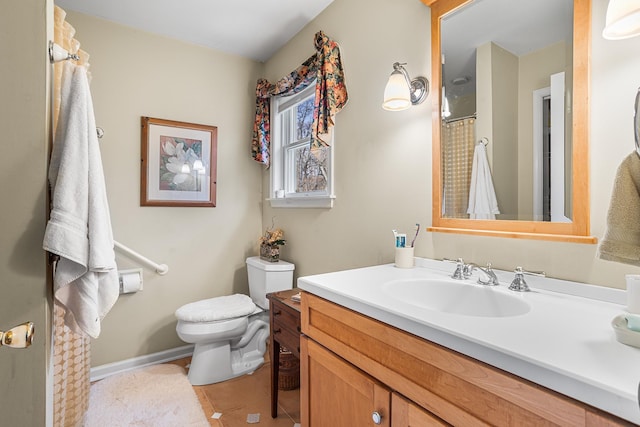 full bathroom with vanity, toilet, tile patterned floors, baseboards, and curtained shower