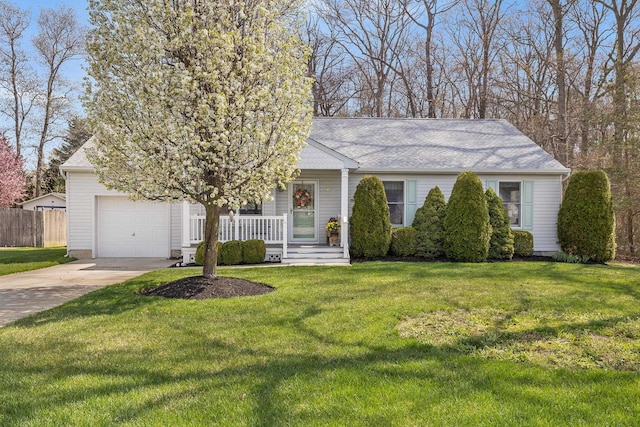 ranch-style home with a garage, a front lawn, fence, a porch, and driveway
