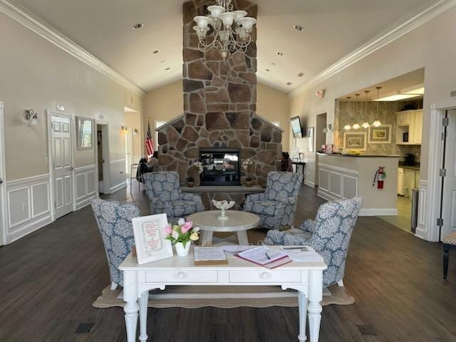 29 Falkirk Dr, Rio Grande, NJ 08242 - dining area featuring dark wood-style flooring, a chandelier, a fireplace, crown molding, and high vaulted ceiling