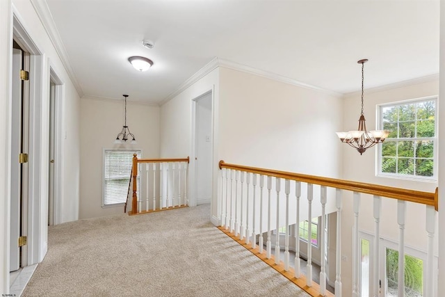 hall with carpet floors, a notable chandelier, an upstairs landing, and crown molding