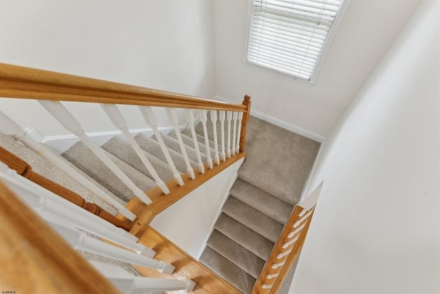 stairway featuring baseboards and carpet