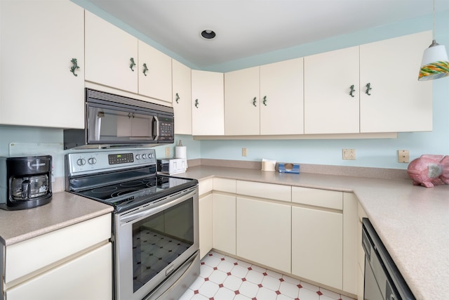 kitchen with black microwave, stainless steel range with electric cooktop, light countertops, dishwashing machine, and light floors