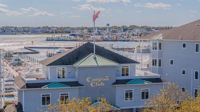 exterior space featuring a water view