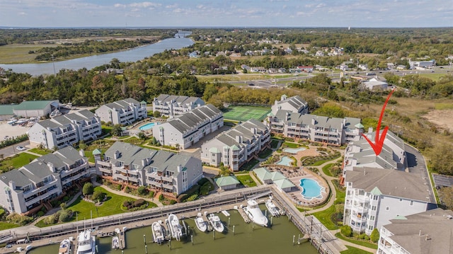 bird's eye view featuring a water view