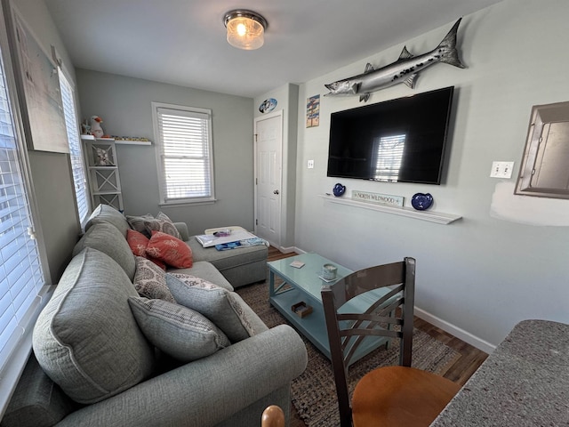 living area featuring baseboards and wood finished floors