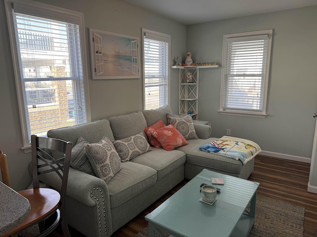 living room with dark wood-style floors, a healthy amount of sunlight, and baseboards