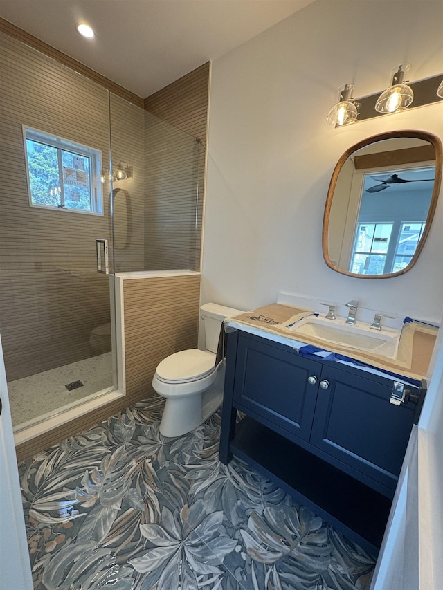281 7th St, Avalon, NJ 08202 - full bath with plenty of natural light, vanity, a stall shower, a ceiling fan, and recessed lighting