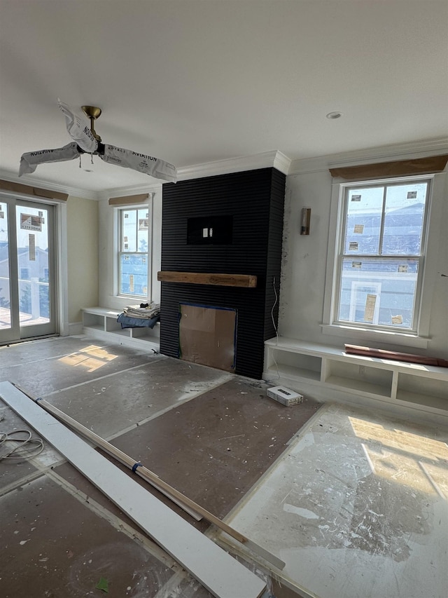 281 7th St, Avalon, NJ 08202 - unfurnished living room featuring a brick fireplace and crown molding
