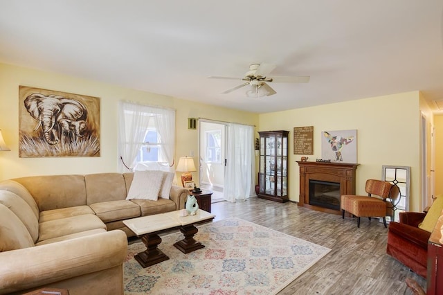 living room with hardwood / wood-style floors and ceiling fan