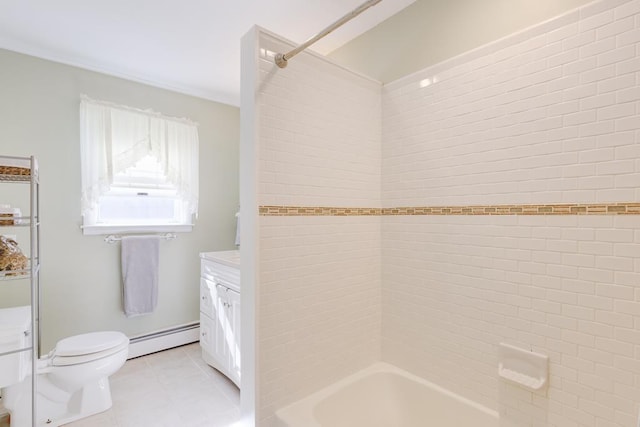 full bathroom with tile patterned floors, vanity, tiled shower / bath combo, a baseboard heating unit, and toilet