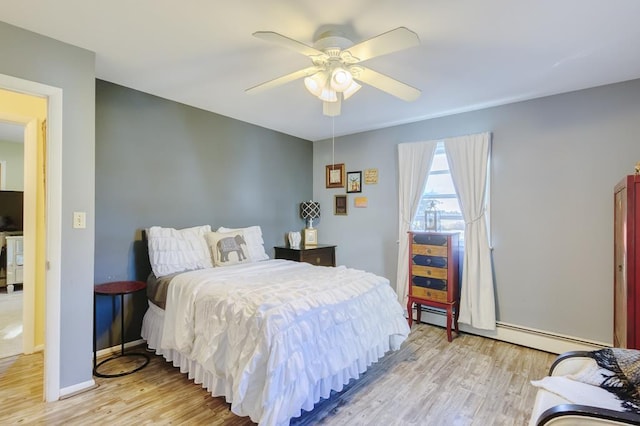 bedroom with ceiling fan and light hardwood / wood-style floors