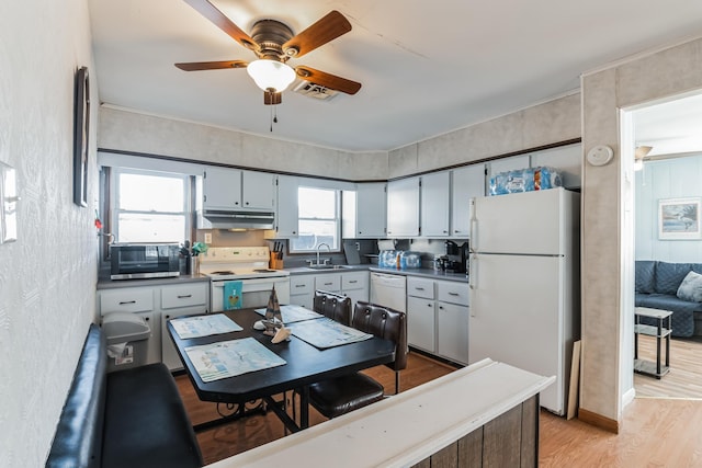 kitchen featuring white appliances, sink, light hardwood / wood-style flooring, ceiling fan, and gray cabinets