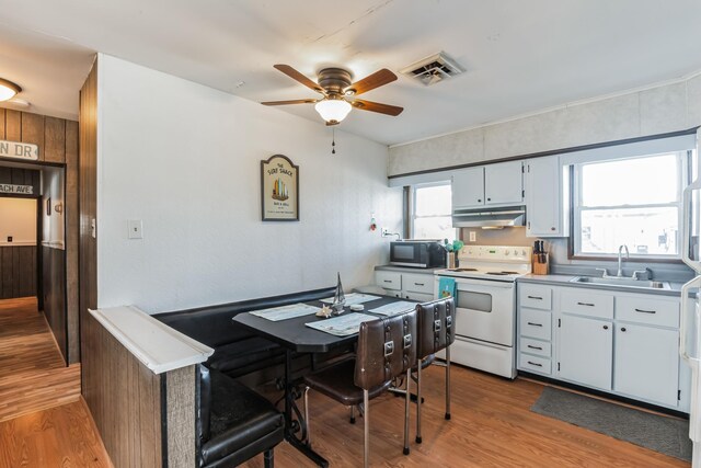 kitchen with light wood-type flooring, white electric stove, ceiling fan, and sink