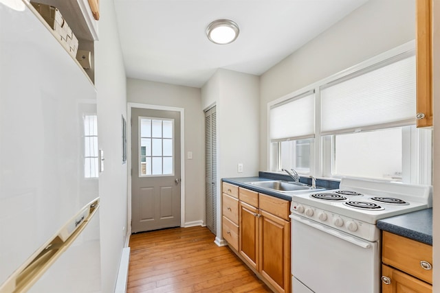 2205 New Jersey Ave Unit 1, North Wildwood, NJ 08260 - kitchen with white range with electric cooktop, light wood-style floors, and brown cabinetry