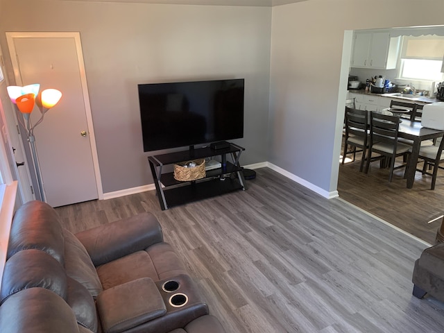 living room featuring sink and light wood-type flooring