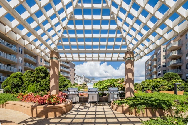 view of community featuring a pergola and exterior kitchen